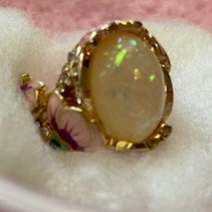 NEW* GORGEOUS Large Lab OPAL w double CZ band * PINK & PURPLE Enamel PANSIES * 6